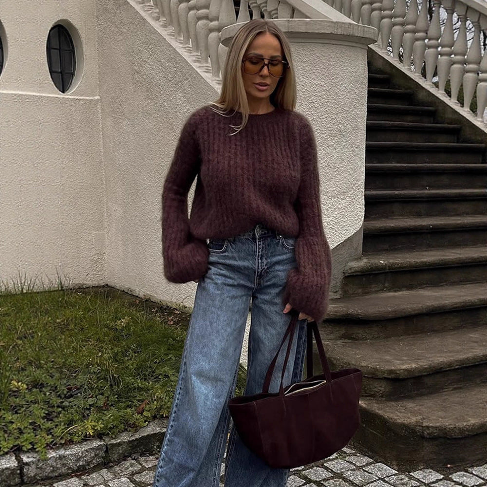 Damen Oversize-Mohairpullover mit voluminösen Ballonärmeln und Feinstrickkragen Shop Nory