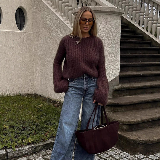 Damen Oversize-Mohairpullover mit voluminösen Ballonärmeln und Feinstrickkragen Shop Nory