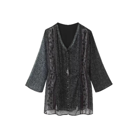 Damen Transparentes Boho-Tunika-Kleid mit V-Ausschnitt, Kordelzug und Quasten Shop Nory