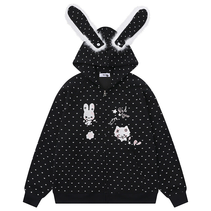 Damen Kapuzensweatjacke im Cozy-Kawaii‑Stil mit 3D-Ohren, Allover-Pünktchen und Frontreißverschluss Shop Nory