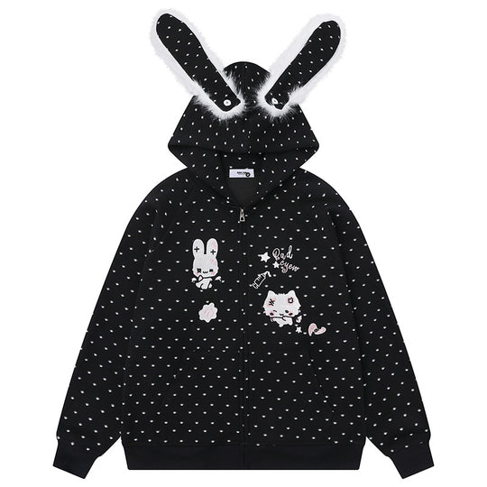 Damen Kapuzensweatjacke im Cozy-Kawaii‑Stil mit 3D-Ohren, Allover-Pünktchen und Frontreißverschluss Shop Nory
