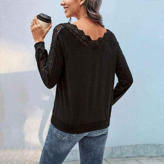 Damen Feinstrick-Longsleeve mit Spitzen-V-Ausschnitt und Spitzenbesatz an den Ärmeln Shop Nory