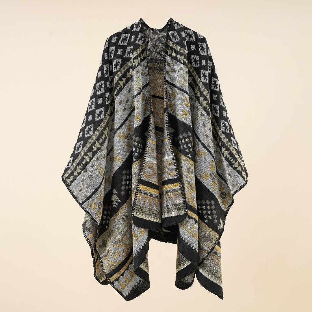 Damen Grobgewebter Ethno-Poncho mit Fransen Shop Nory