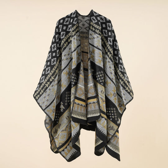 Damen Grobgewebter Ethno-Poncho mit Fransen Shop Nory