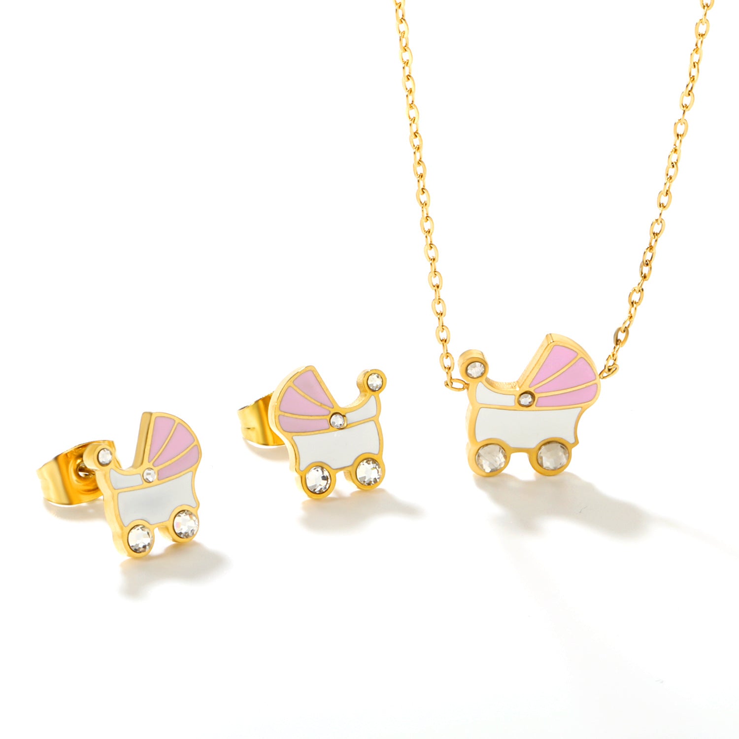 Damen Schmuckset mit modischem Kinderwagen-Anhänger und passenden Ohrsteckern Shop Nory