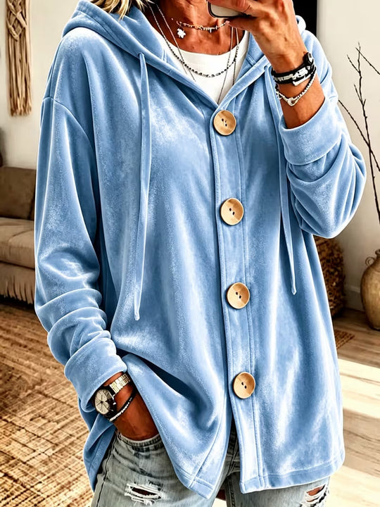Damen Oversize Kapuzen-Samtjacke mit großen Holzknöpfen und weichem Veloursfutter Shop Nory