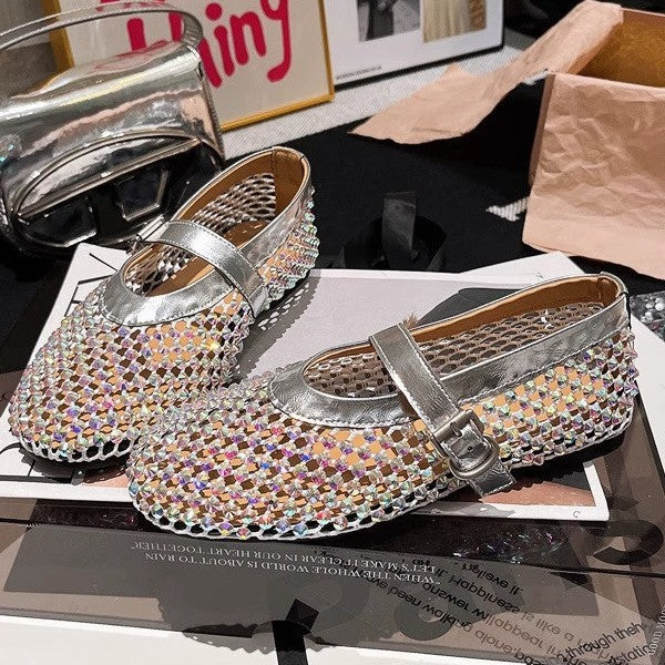 Damen Ballerinas mit elegantem Strassbesatz und verstellbarem Riemchen