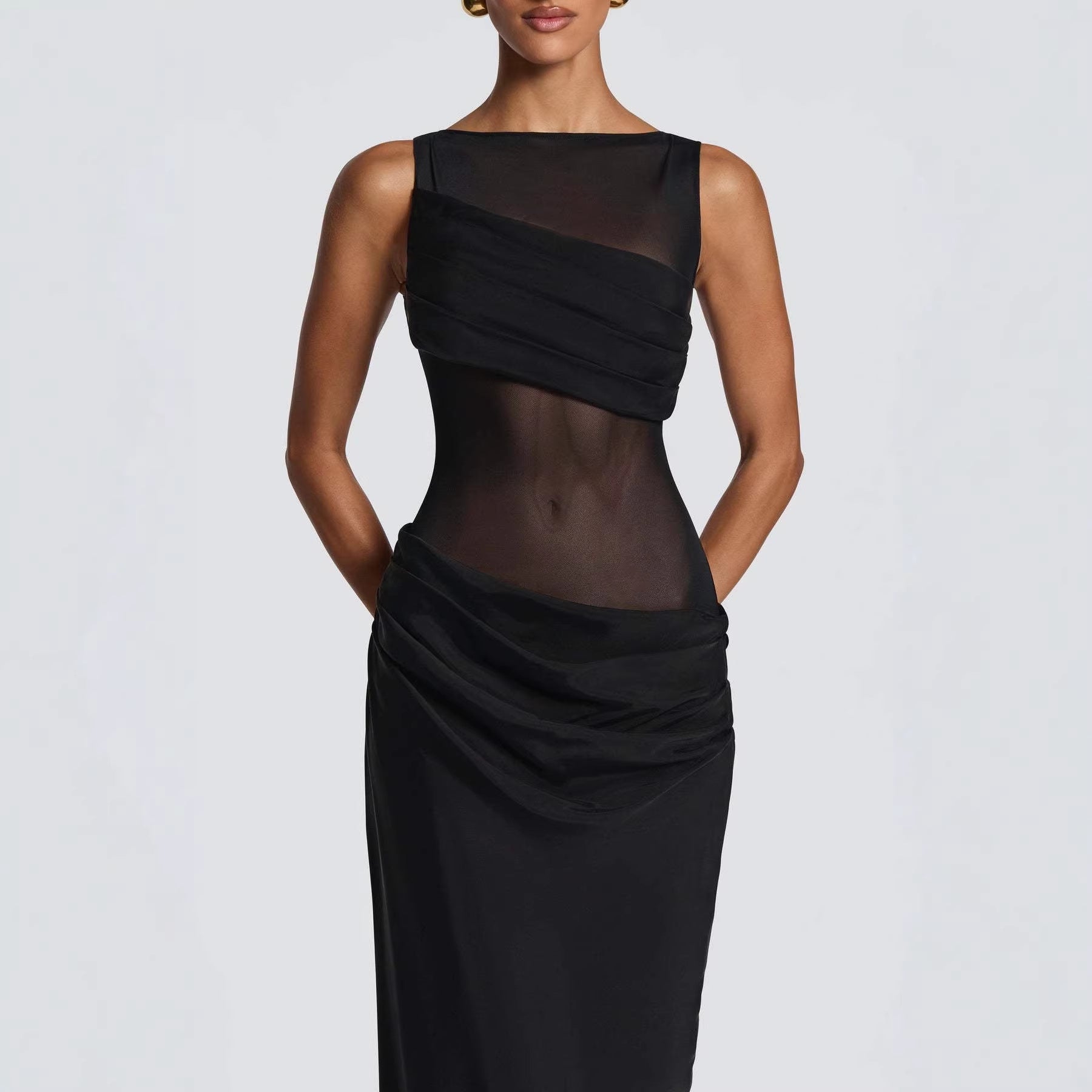 Damen Elegantes Abendkleid mit transparentem Oberteil und raffinierten Rüschen