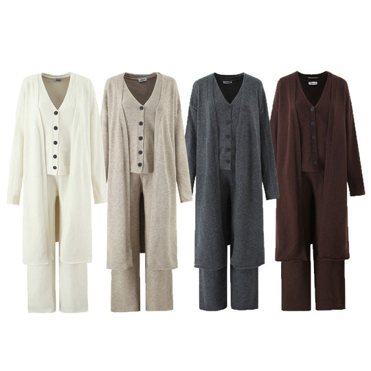 Damen Oversize Strick-Set mit Longcardigan, Knopf-Weste und weiten Hosen Shop Nory