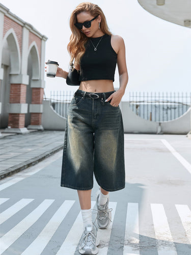 Damen Weite Denim-Culottes mit hohem Bund und praktischen Seitentaschen