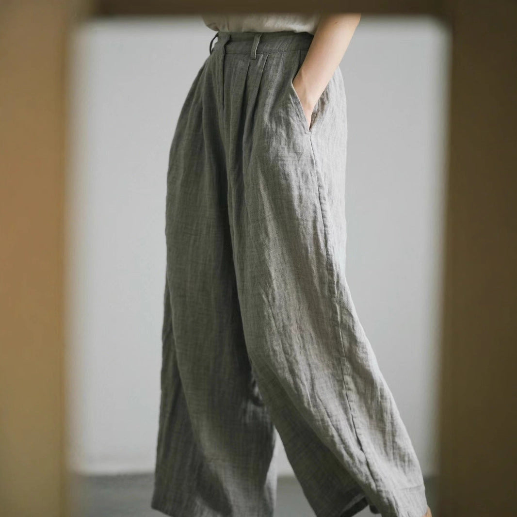Damen weite Leinenhose mit eleganter Bundfalte und Taschen