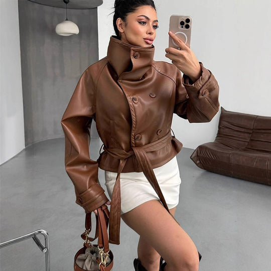Damen Taillierte Kurzblouson‑Jacke aus Lederimitat mit hohem Stehkragen und Bindegürtel Shop Nory