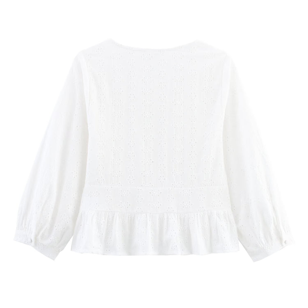Damen Weiche Broderie-Anglaise-Bluse mit tiefem V‑Ausschnitt, Taillennaht und Volant Shop Nory