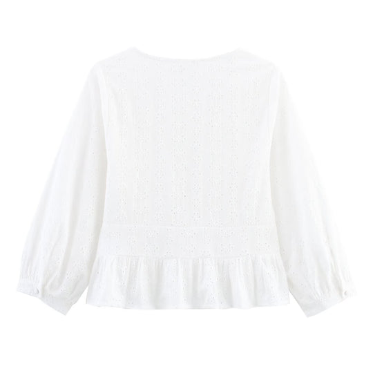 Damen Weiche Broderie-Anglaise-Bluse mit tiefem V‑Ausschnitt, Taillennaht und Volant Shop Nory
