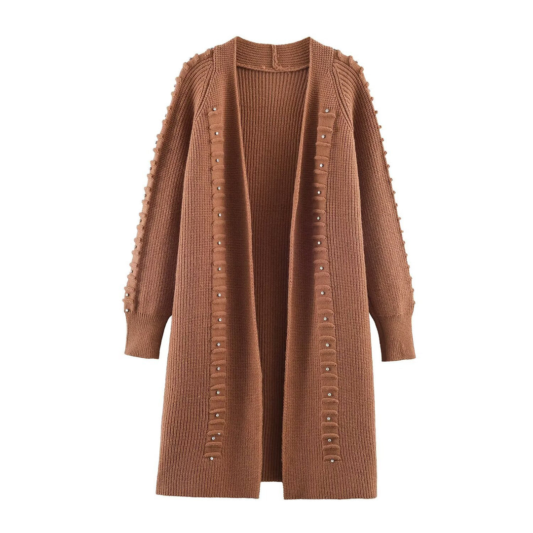 Damen Longline Strickcardigan mit Perlen- und Rüschendetail offene Front Shop Nory