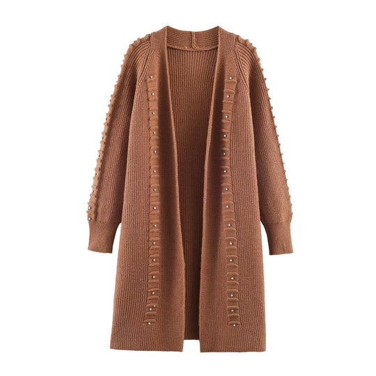 Damen Longline Strickcardigan mit Perlen- und Rüschendetail offene Front Shop Nory