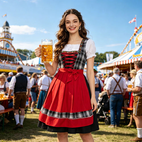 Damen nan traditionelles Trachten-Dirndl mit Schnürleiste, A-Linie Rock und Schleifen-Schürze Shop Nory