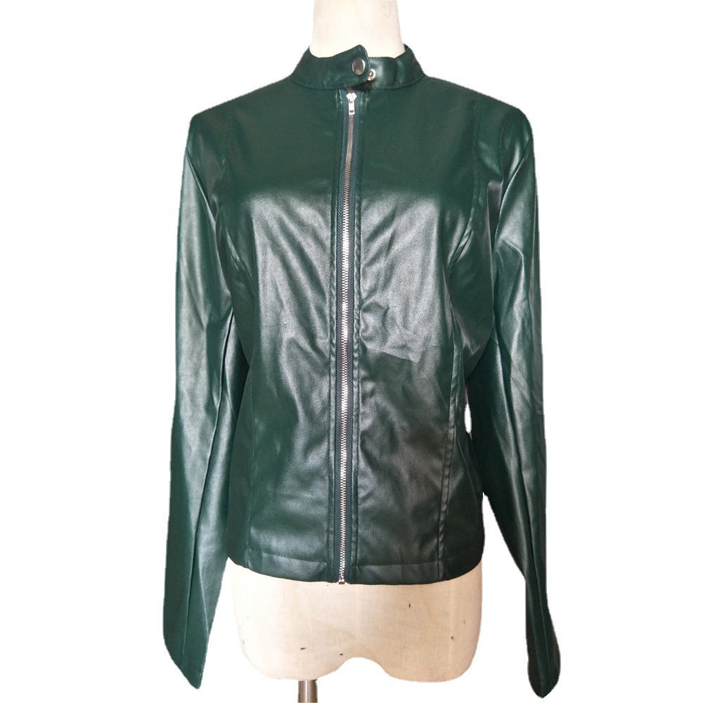 Damen Figurnah geschnittene Kunstleder-Bikerjacke mit Stehkragen und Ziernähten Shop Nory