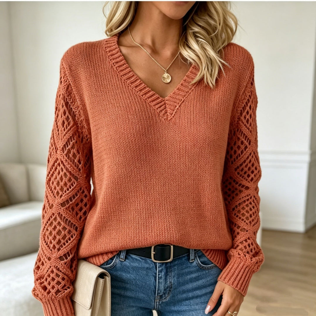 Damen Kuschelstrickpullover mit V‑Ausschnitt und Durchbruchärmeln Shop Nory