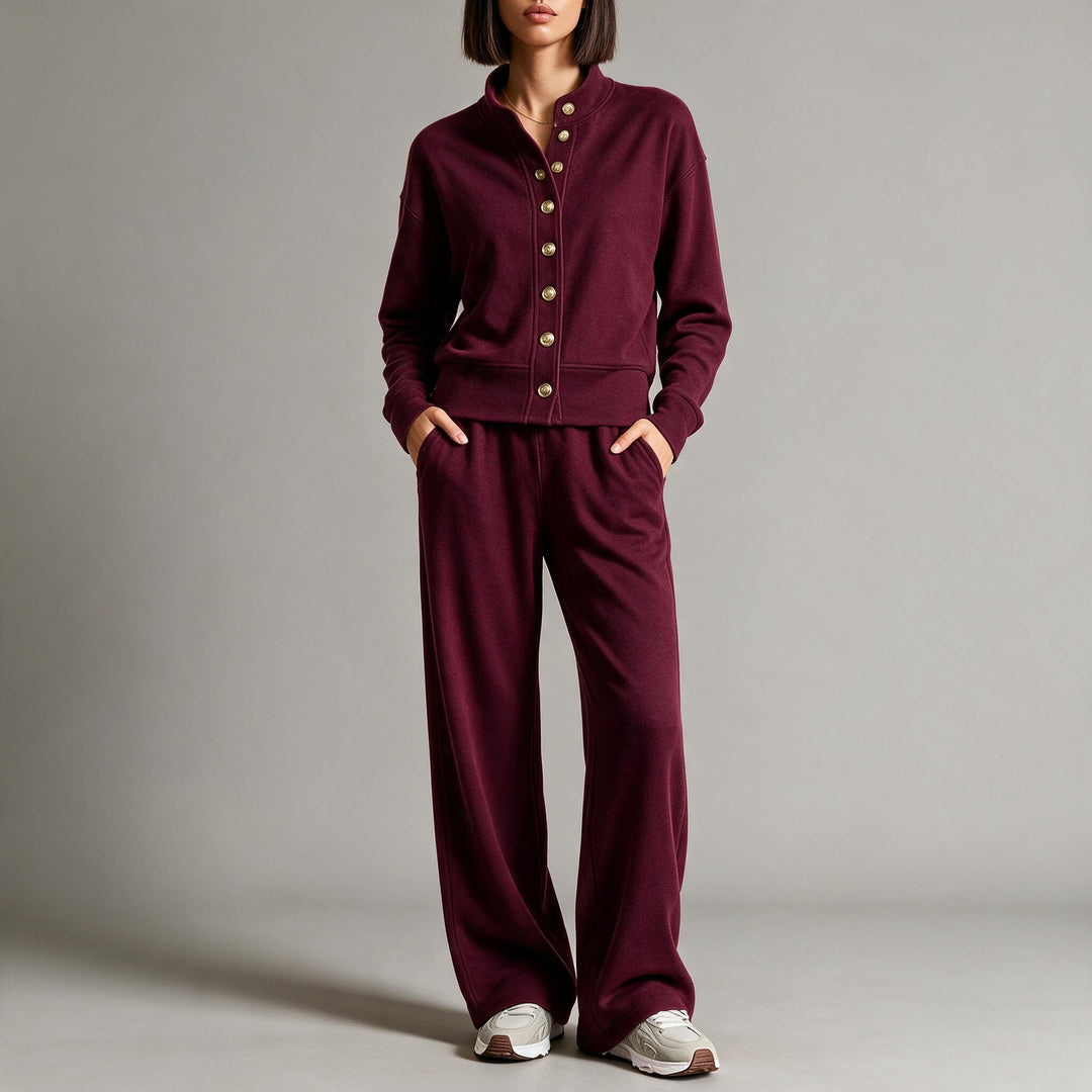 Damen Sweatjacke mit Druckknopfleiste, Stehkragen und weichem Lounge-Schnitt Shop Nory