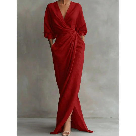 Damen Drapiertes Wickel-Maxikleid mit tiefem V-Ausschnitt, Taillen-Twist und Eingrifftaschen Shop Nory