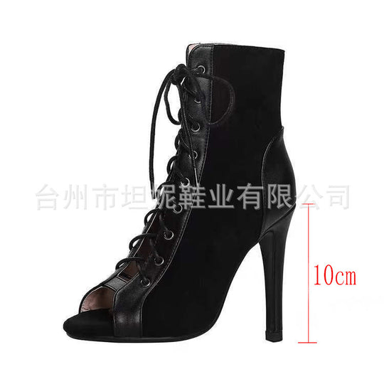 Damen Offene-Zehen Schnürstiefelette mit Wildleder-Optik und Stiletto-Absatz Shop Nory