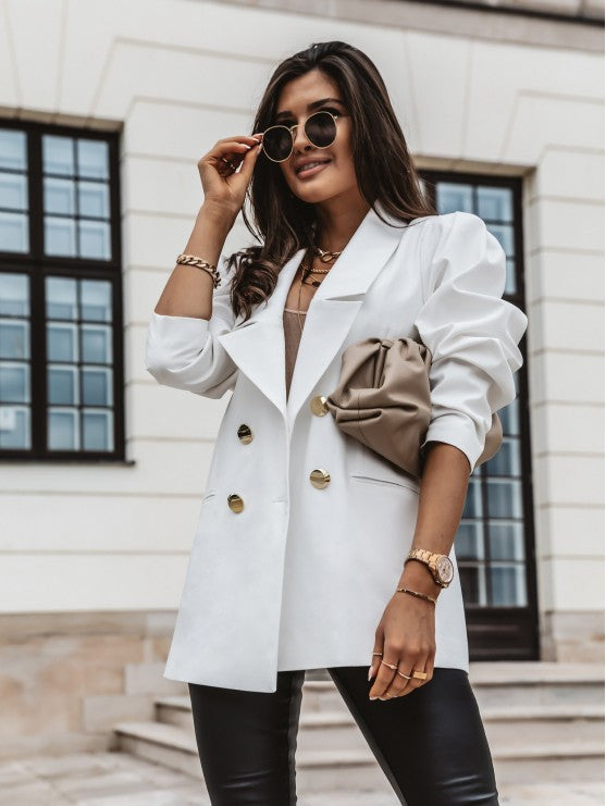 Damen Oversize-Blazer doppelreihig mit gerafften Ärmeln, Notch-Revers und goldfarbenen Zierknöpfen Shop Nory