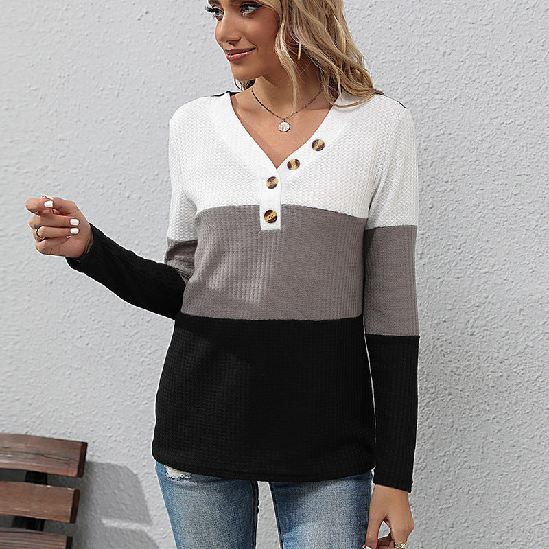Damen Waffelstrick-Longsleeve mit V-Ausschnitt und Henley-Knopfleiste Shop Nory