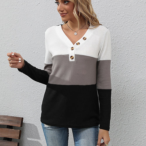 Damen Waffelstrick-Longsleeve mit V-Ausschnitt und Henley-Knopfleiste Shop Nory