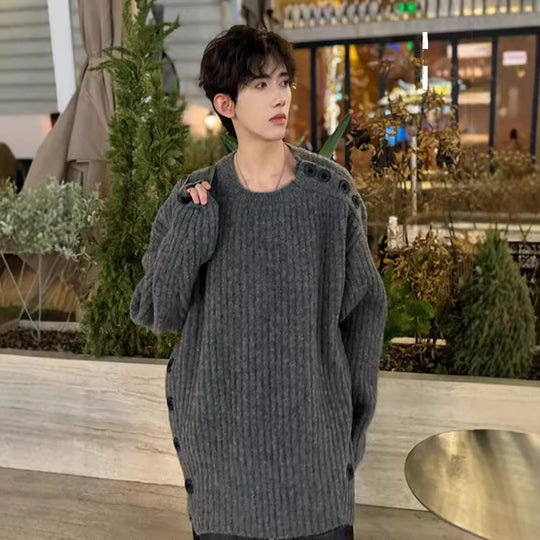 Herren Grobgestrickter Oversize-Pullover mit Rundhalsausschnitt und Schulterknopfleiste Shop Nory
