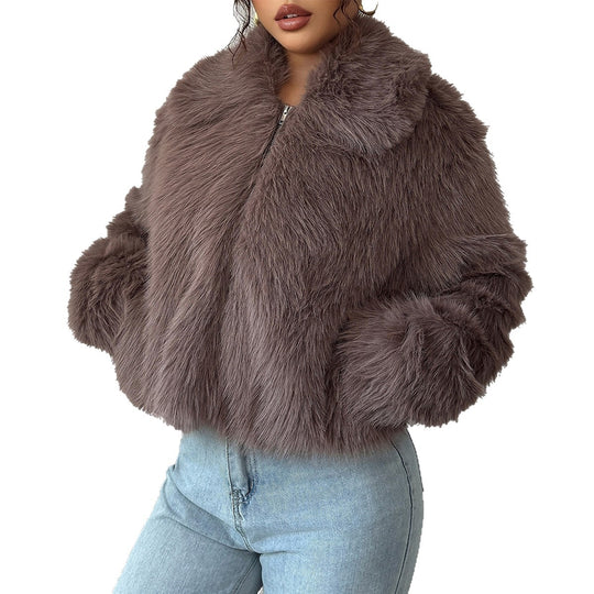 Damen nan kurzer Kunstfelljacke mit Stehkragen, verdecktem Reißverschluss und weiten Ärmeln Shop Nory