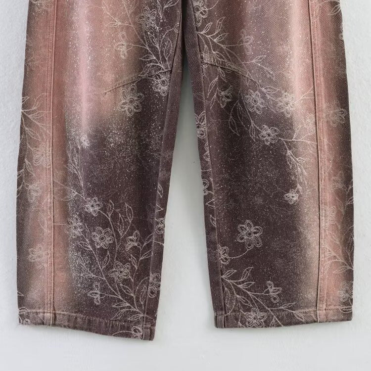 Damen Weite High‑Waist‑Jeans mit floralem Allover‑Print und Used‑Farbverlauf Shop Nory