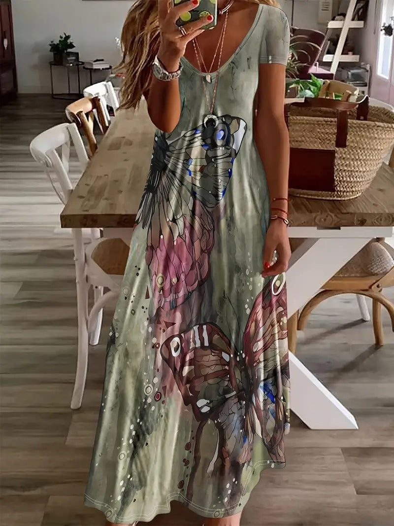 Damen Maxikleid mit buntem Schmetterlingsdruck Shopnory