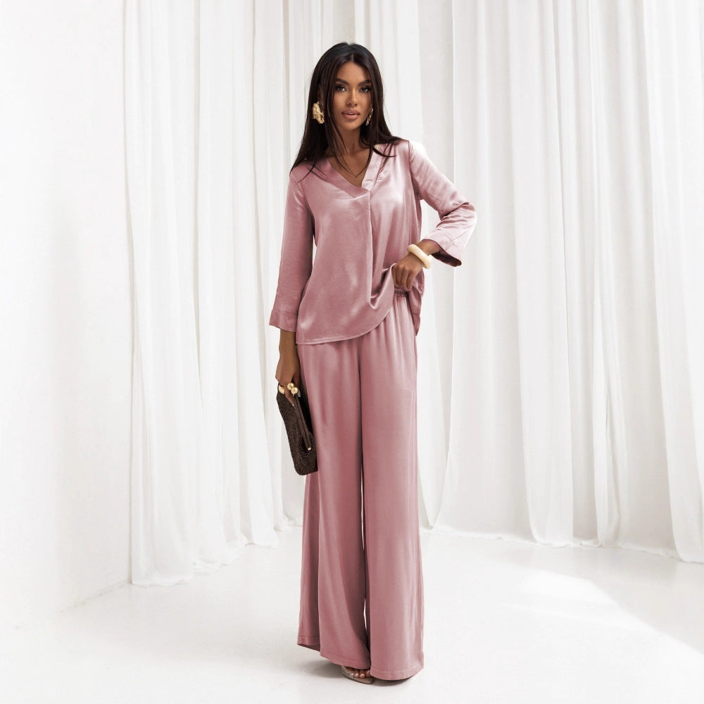 Damen elegantes Satin-Loungewear-Set mit weitem Schnitt und klassischem Revers Shopnory