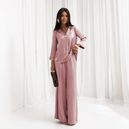 Damen elegantes Satin-Loungewear-Set mit weitem Schnitt und klassischem Revers Shopnory