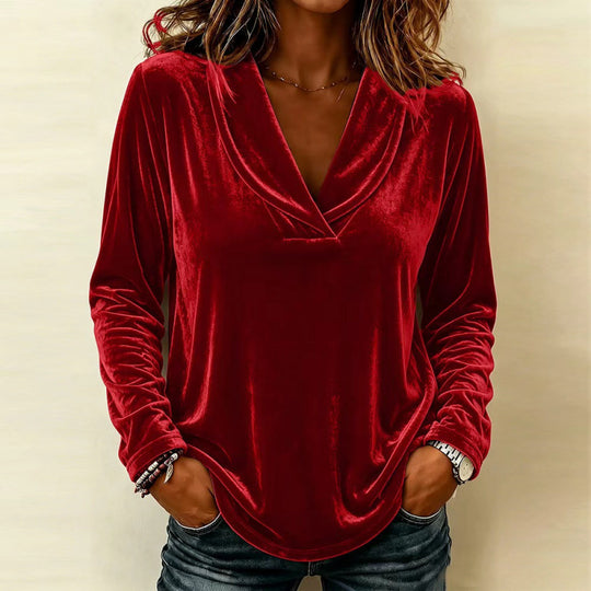 Damen Samt-Longsleeve mit Schalkragen und V-Ausschnitt Shop Nory