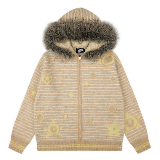 Damen Kapuzen-Strickjacke mit Fellbesatz, gestreifter Mohair‑Optik und Sternapplikationen Shop Nory