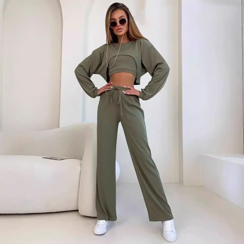 Damen Ripp-Lounge-Set mit Cut-Out Croptop, Oversize Cropped Pullover und High-Waist Jogginghose Shop Nory