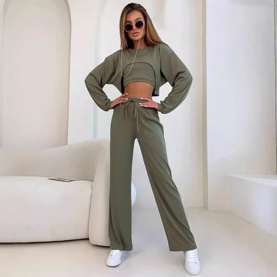 Damen Ripp-Lounge-Set mit Cut-Out Croptop, Oversize Cropped Pullover und High-Waist Jogginghose Shop Nory