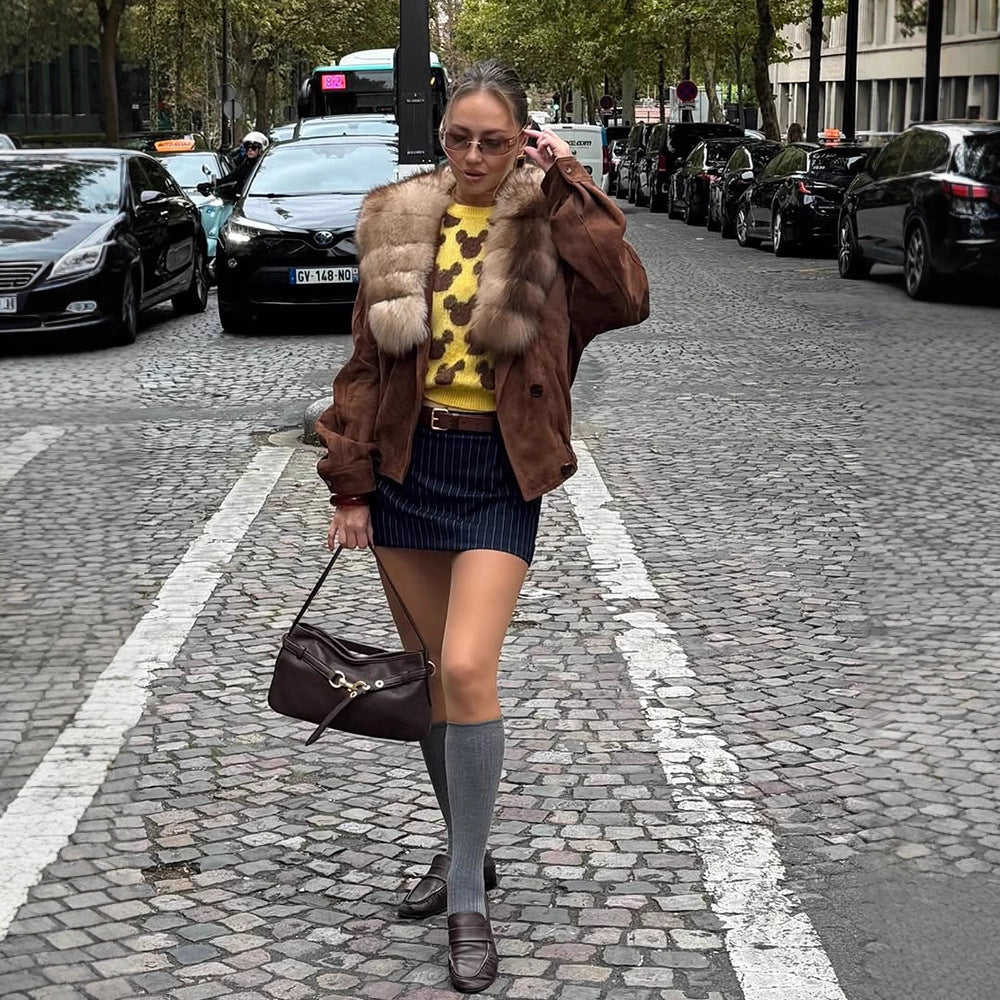 Damen Wildleder-Bomberjacke mit voluminösem Pelzschal und elastischem Saum Shop Nory