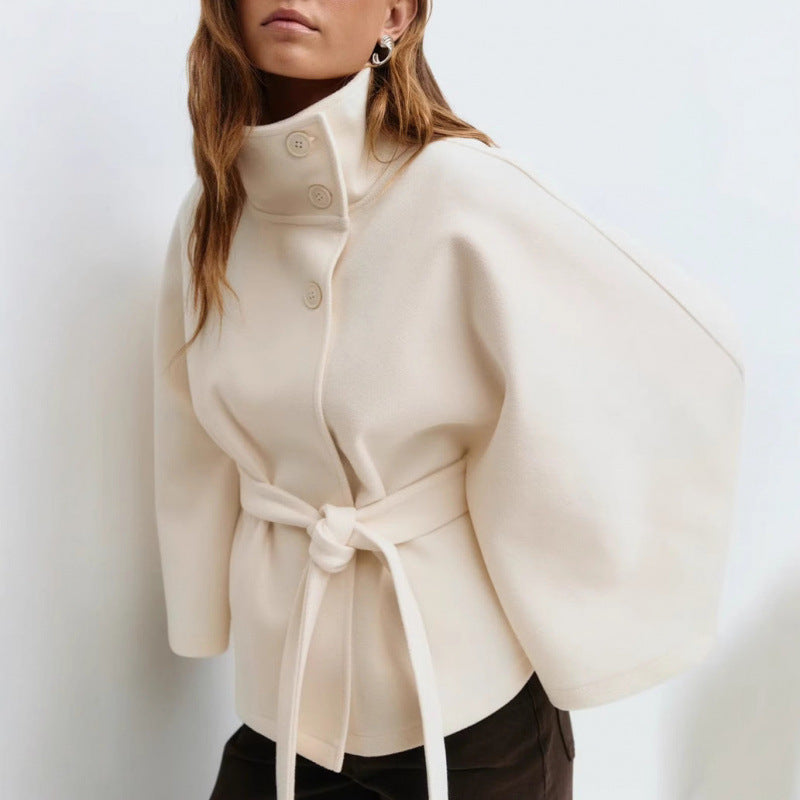 Damen Wollmantel im Cape‑Stil mit Stehkragen und Taillengürtel Shop Nory