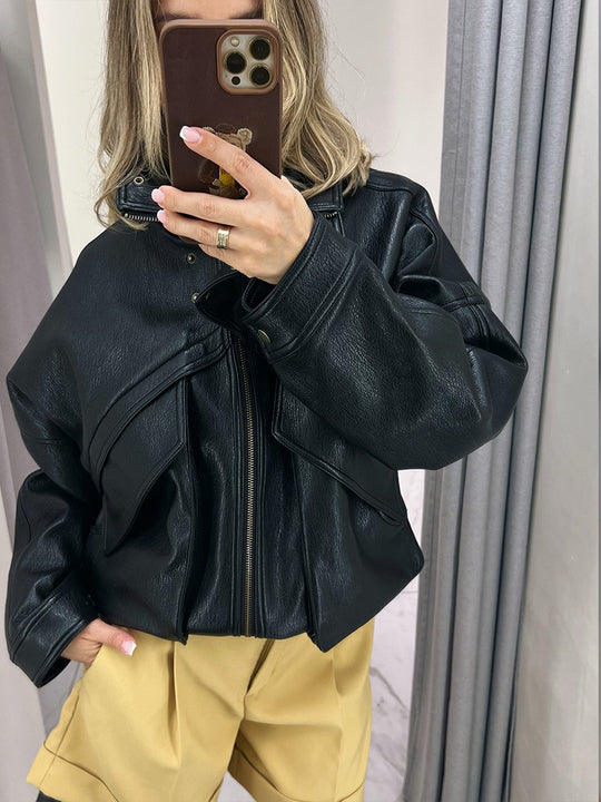 Damen Oversize-Bomberjacke aus strukturiertem Lederimitat mit überlappender Klappenfront Shop Nory