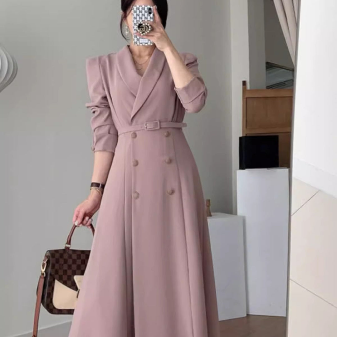 Damen Doppelreihiges Maxi‑Mantelkleid mit Taillengürtel und betonten Schultern Shop Nory
