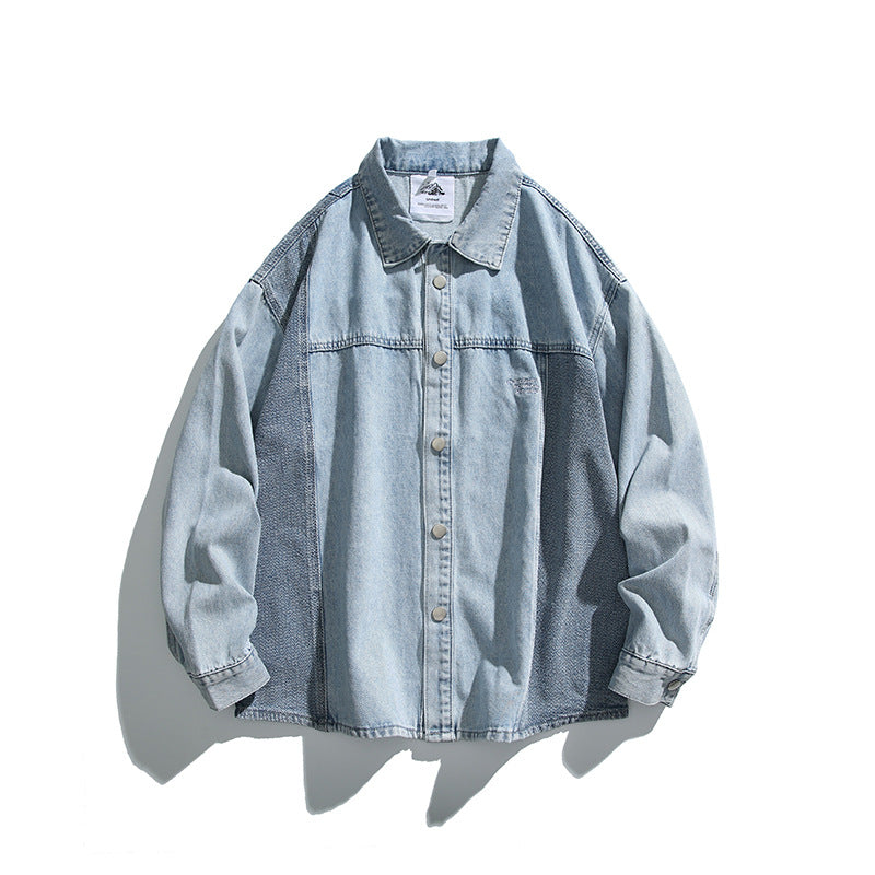 Unisex Oversize-Jeansjacke mit kontrastreichen Webpaneelen und Druckknopfverschluss Shop Nory