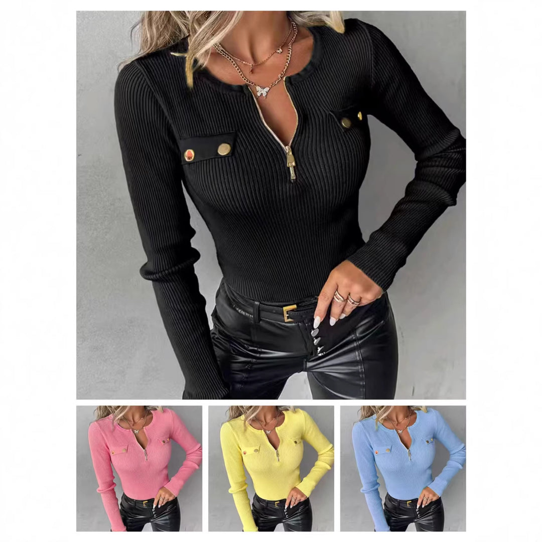 Damen Feinstrick-Longsleeve mit halbem Reißverschluss und Zierpatten Shop Nory