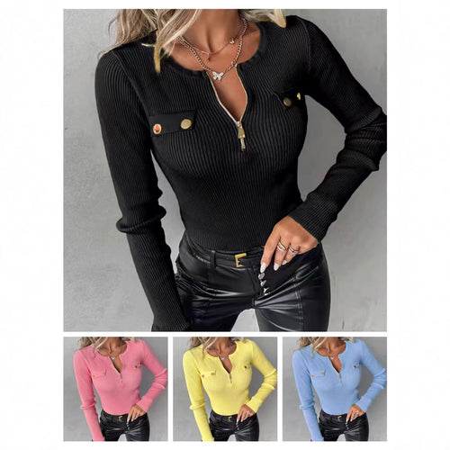 Damen Feinstrick-Longsleeve mit halbem Reißverschluss und Zierpatten Shop Nory
