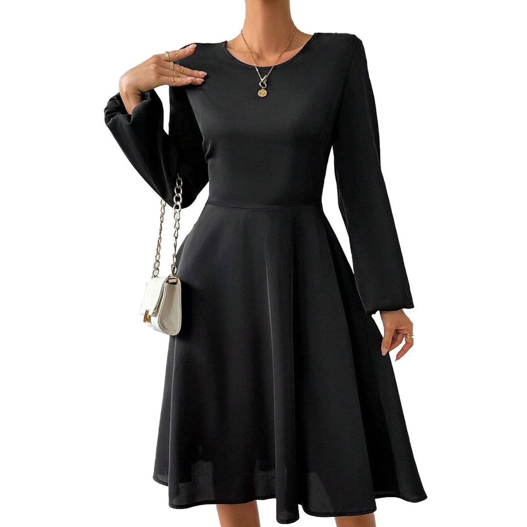 Damen elegantes Midikleid mit taillierter Korsagenoptik ausgestelltem A-Linien-Rock und langen ausgestellten Ärmeln Shop Nory