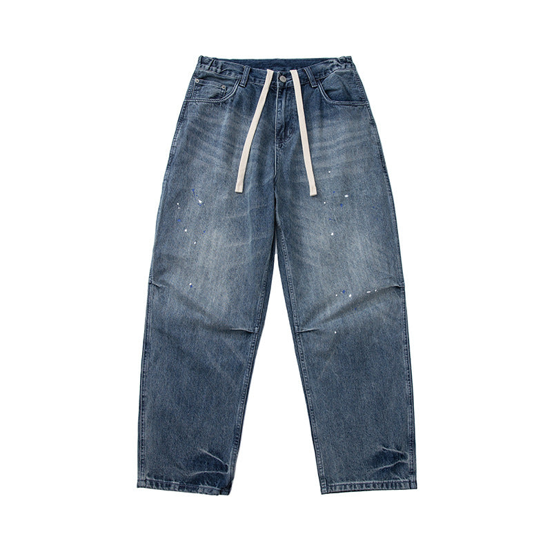 Damen Weit geschnittene High‑Waist Jeans mit Kordelzug, Farb‑Sprenkel und Used‑Waschung Shop Nory