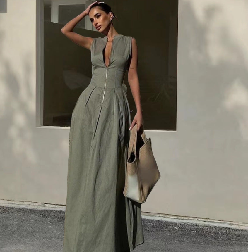 Damen Elegantes Maxi-Kleid mit tiefem V-Ausschnitt und schmalem Schnitt