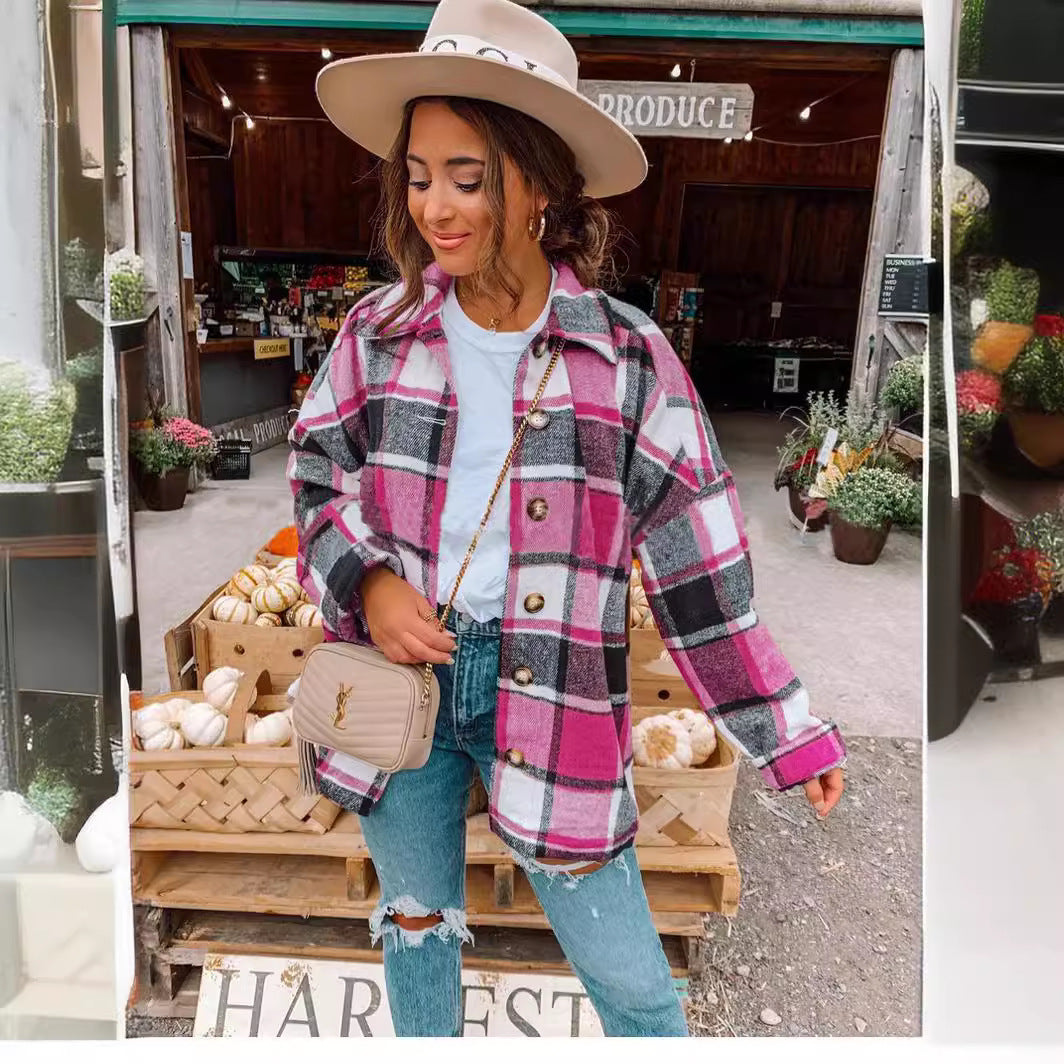 Damen Oversized Kariertes Flanell‑Shacket mit Brusttaschen und Holzknöpfen Shop Nory